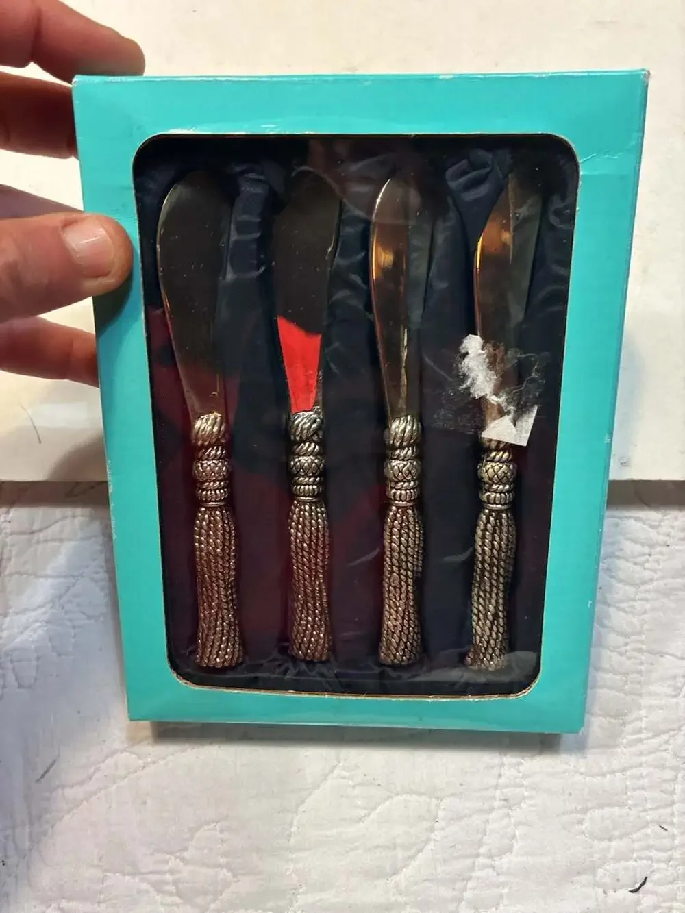Vintage Silea Silver Plated 4-Piece Hors D'oeuvres/Cheese Knife Set with Tassel